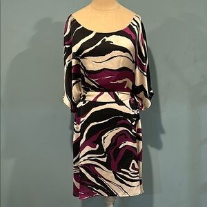 BCBGMaxAzria Kimono Silky Sleeve Dress sz Large Waves Swirled Purple Black White